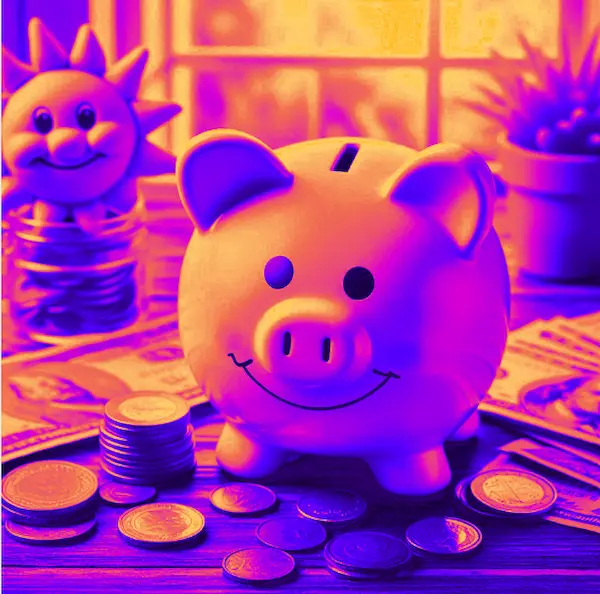 Photo d'une tirelire cochon souriante, posée sur un bureau avec des billets et des pièces, avec un filtre pop très coloré
