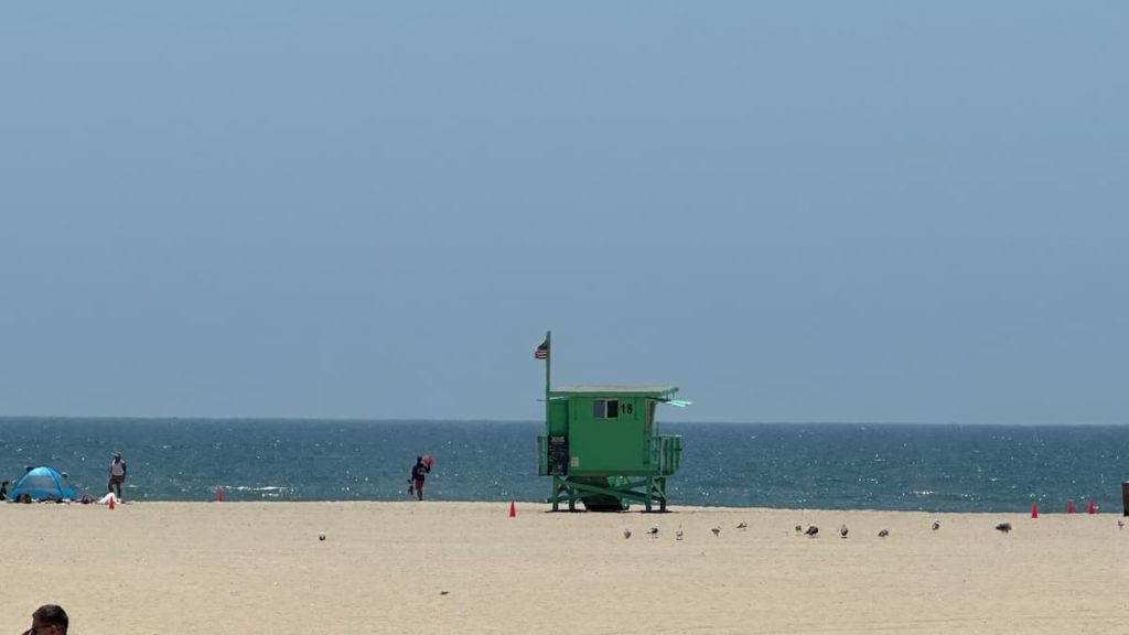 Photo de la plage de Venice Beach, l'océan en fond, avec une cabane de lifeguard verte, le lifeguar avec sa bouée rouge à côté, à Los Angeles, Californie