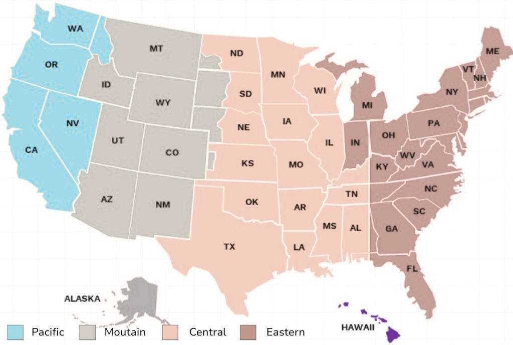 Carte des Etats-Unis avec le nom de chaque état, permettant de visualiser les 6 fuseaux horaires et une légende avec le nom de chaque fuseau horaire.