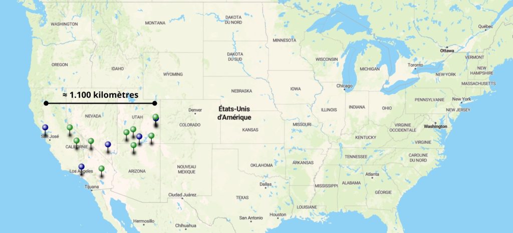 Carte des Etats-Unis, indiquant les principales villes et les principaux parcs nationaux de l'Ouest américain et permettant de visualiser l'échelle des distances entre la côte californienne et la frontière de l'Utah pour préparer un road trip.