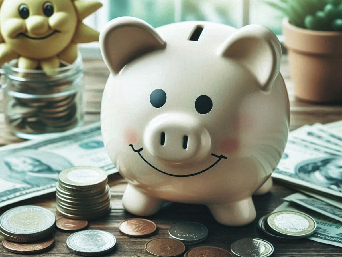 Photo d'une tirelire cochon souriante, avec des pièces de monnaie et des dollars, sur un bureau.