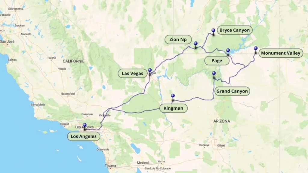 Fond de carte des Etats-Unis avec un itinéraire tracé en bleu, formant une boucle, dans l'Ouest américain au départ de Los Angeles et montrant par des épingles les principaux parc nationaux à visiter