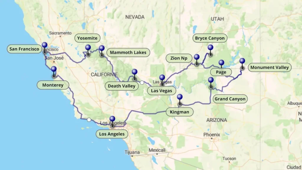 Fond de carte des Etats-Unis avec un itinéraire tracé en bleu, formant une boucle, dans l'Ouest américain au départ de San Francisco et montrant par des épingles les principaux parc nationaux à visiter