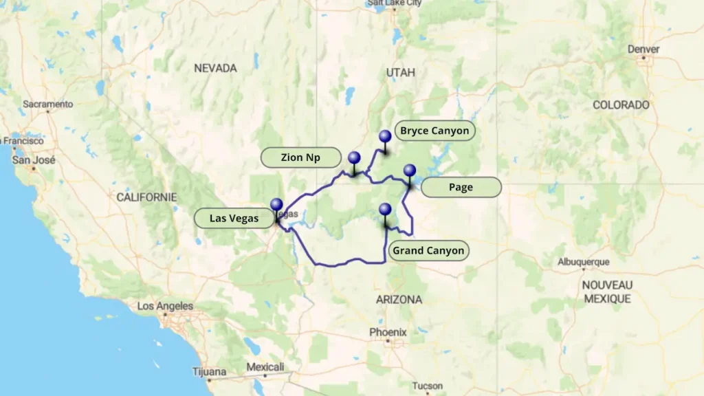 Fond de carte des Etats-Unis avec un itinéraire tracé en bleu, formant une boucle, dans l'Ouest américain autours de Las Vegas et montrant par des épingles les principaux parc nationaux à visiter