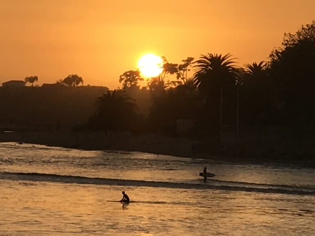Deux surfers dans l'océan au coucher du soleil, avec des palmiers à contre jour, à Malibu, Los Angeles, Californie