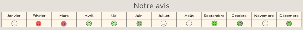 Tableau des 12 mois de l'année, indiquant quelle est la meilleure période pour visiter New York, selon notre avis