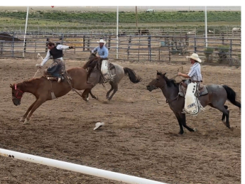 Photo de 3 cowboys à cheval dans l'arène lors d'un rodéo aux Etats-Unis, au coucher du soleil