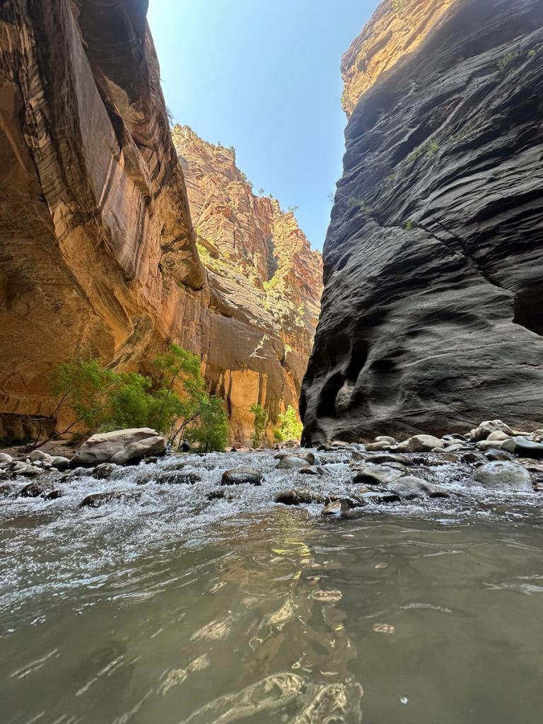 Photo de la Virgin River prise du lit de la rivière pendant la randonnée The Narrows à Zion National Park