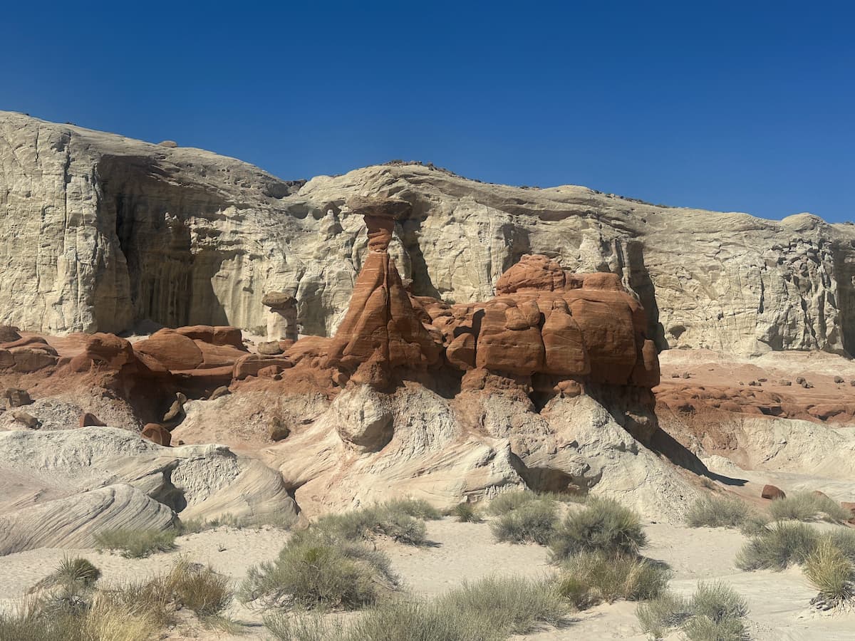 Photo des hoodoos rouges en forme de champignons avec les montagnes de gré blanche en fond, à Toadstool Hoodoos, près de Page
