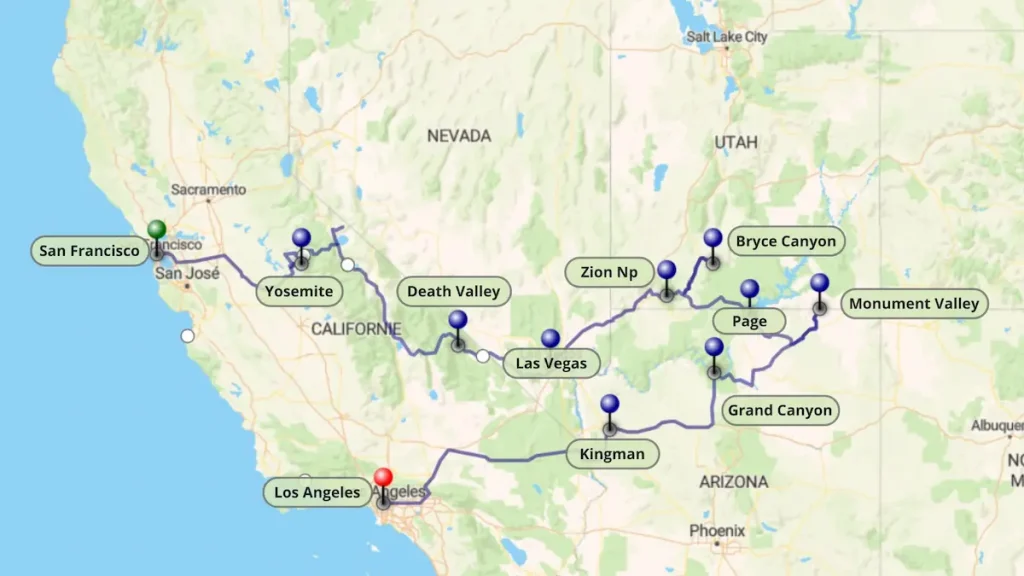 Fond de carte des Etats-Unis avec un itinéraire tracé en bleu dans l'Ouest américain au départ de San Francisco pointé avec une épingle verte et arrivant à Los Angeles pointé avec une épingle rouge, et montrant par des épingles bleues les principaux parc nationaux à visiter
