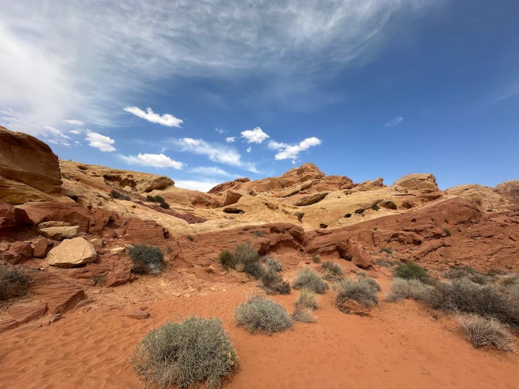 photo des dégradés de couleur marron et beige des formations rocheuses de rainbow vista trail sur le sable rouge de Valley Of Fire, Nevada, contrastants avec le ciel bleu azur