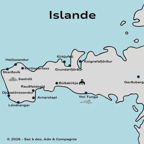 Carte de la péninsule de Snæfellsnes avec tous les points d'intérêts à visiter, Islande