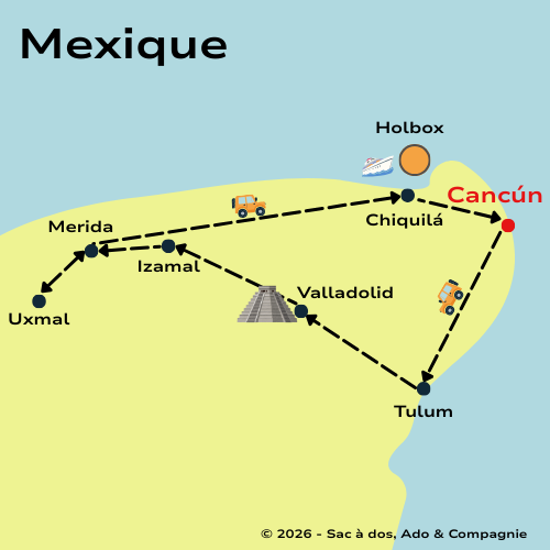 Carte d'un itinéraire dans le Yucatan, au Mexique, avec les principaux sites touristiques