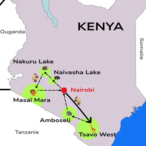 Carte du Kenya et des pays limitrophes, montrant le positionnement des parcs Amboseli, Tsavo Ouest, Lac Naivasha, Lac Nakuru, Masai Mara et la capitale Nairobi, avec un itinéraire en pointillé montrant le déplacement et des icones animalières sur chaque parc