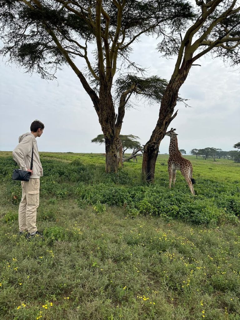 Adolescent, de dos à quelques mètre d'un girafon, sur l'ile de Crescent Island, au Lac Naivasha, au Kenya