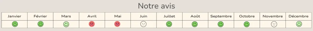 Tableau des 12 mois de l'année avec des emojis de couleurs permettant de voir la meilleure période pour partir en safari au Kenya en famille