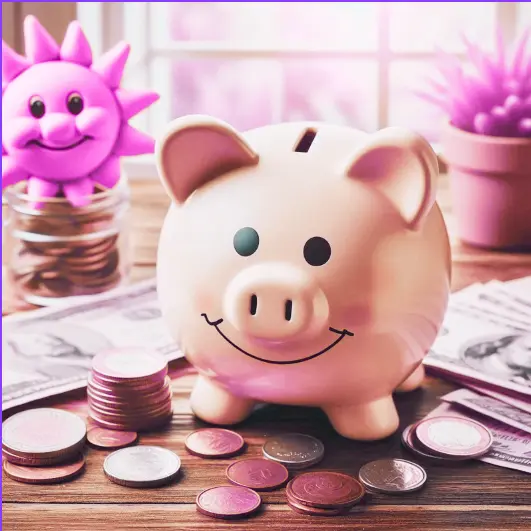 Tirelire cochon rose souriante sur un bureau avec des pièces de monnaie et des billets