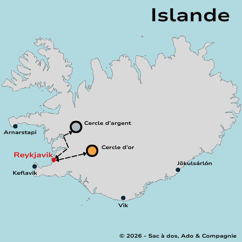 Fond de carte de l'Islande montrant un itinéraire de 8 jours d'une mère et son ado avec les points principaux cercle d'or, Cercle d'argent et Reykjavik
