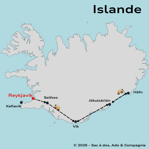 Fond de carte de l'Islande montrant un itinéraire de 8 jours d'une mère et son ado avec les points principaux Reykjavik vik Jokulsarlon et Hofn