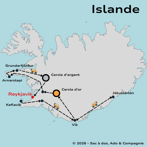 Fond de carte de l'Islande montrant un itinéraire de 8 jours d'une mère et son ado avec les points principaux cerlce d'or, Reykjavik