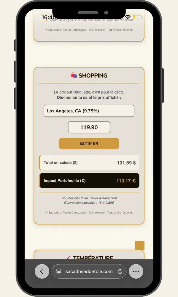 Simulateur calcul taxes de vente Sales Tax USA et conversion dollars euros