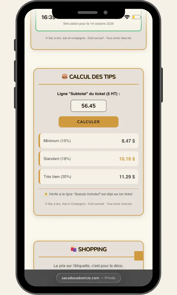 Outil calcul pourboires restaurant USA et calculatrice de tips pour road trip