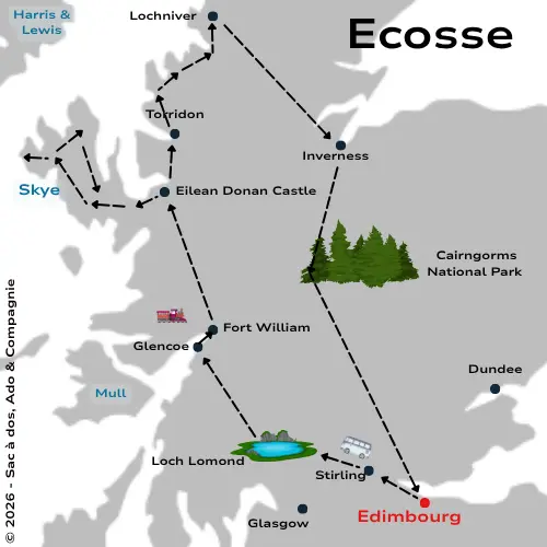 Carte d'un itinéraire de 10 jours en Ecosse avec les principaux points d'intérêts