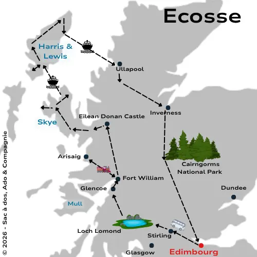 Carte d'un itinéraire de 15 jours en Ecosse avec les principaux points d'intérêts