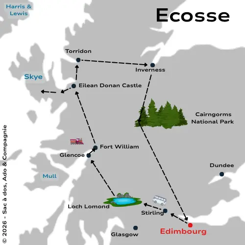 Carte d'un itinéraire de 7 jours en Ecosse avec les principaux points d'intérêts