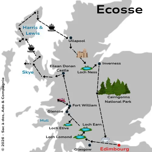 Itinéraire d'un road trip de 15 jours en Ecosse d'une mère et son fils, en boucle au départ d'Edimbourg en passant par l'Ile de Skye et Harris et Lewis dans les Hébrides extérieures.
